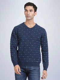 V Neck Jacquard Lambswool Deep Indigo Full Sleeve Pullover