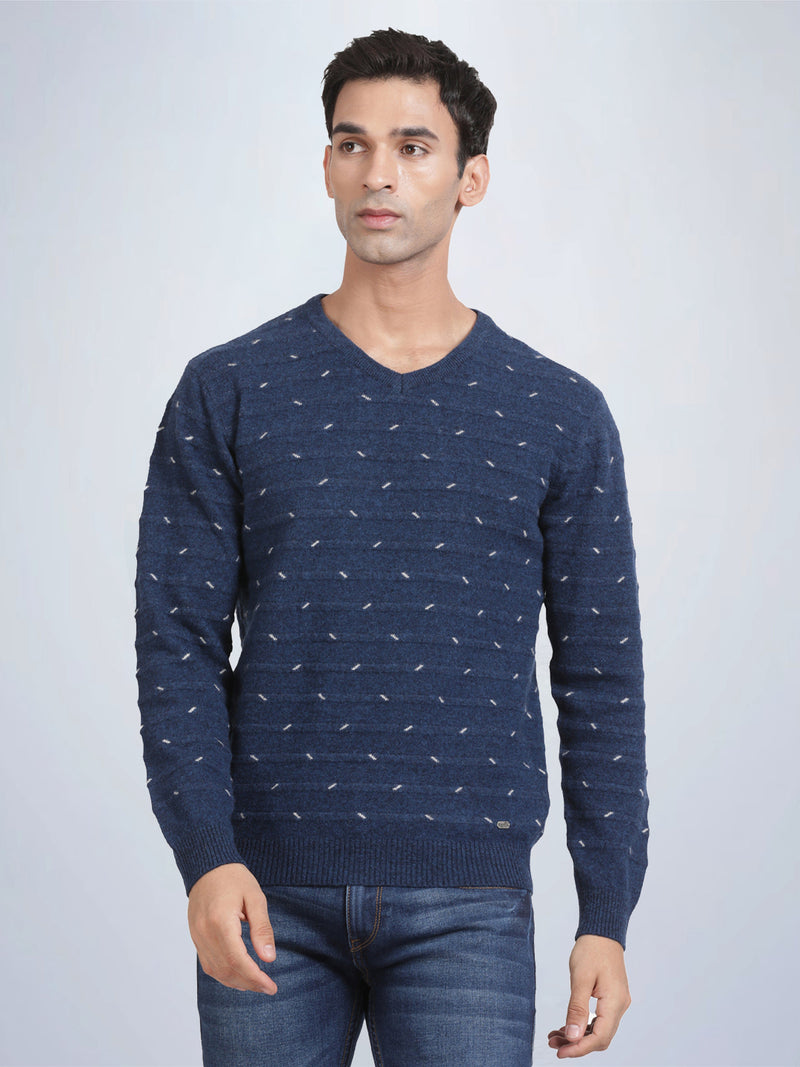 V Neck Jacquard Lambswool Deep Indigo Full Sleeve Pullover