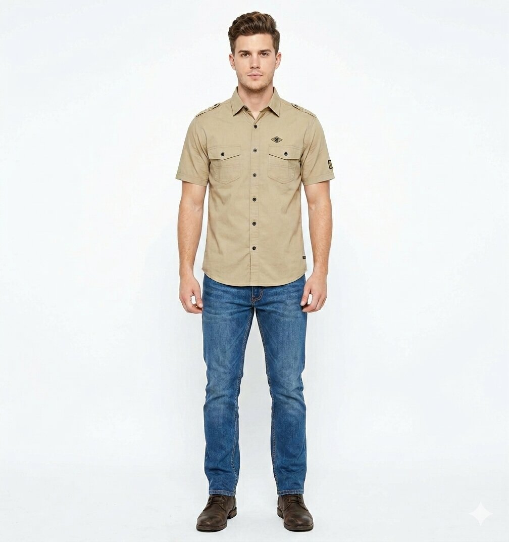 T-Base Men Regular Fit Cotton Casual Shirt | Short Sleeve|BEIGE