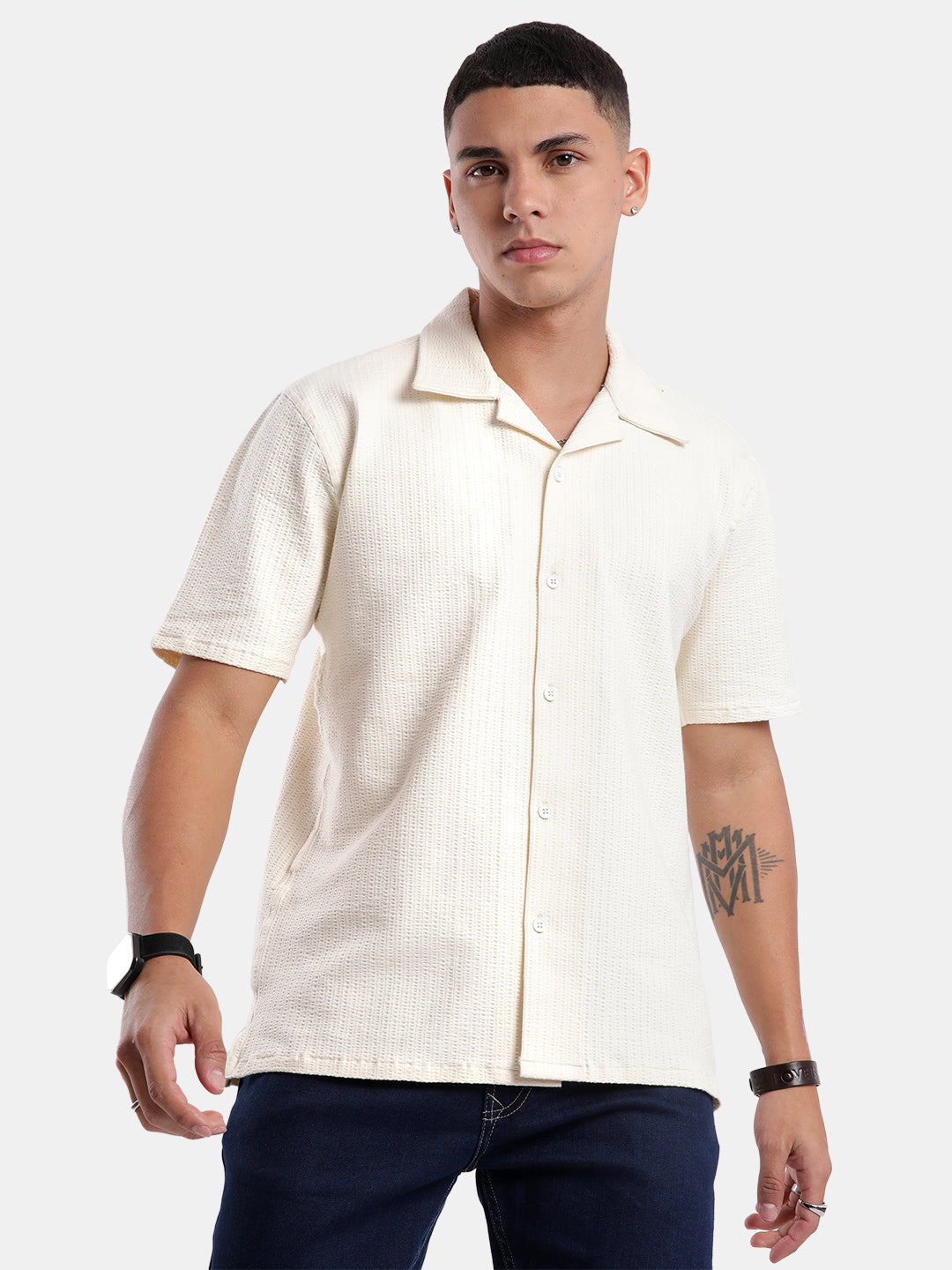 T-Base Men Regular Fit Cotton Casual Shirt | Short Sleeve|IVORY