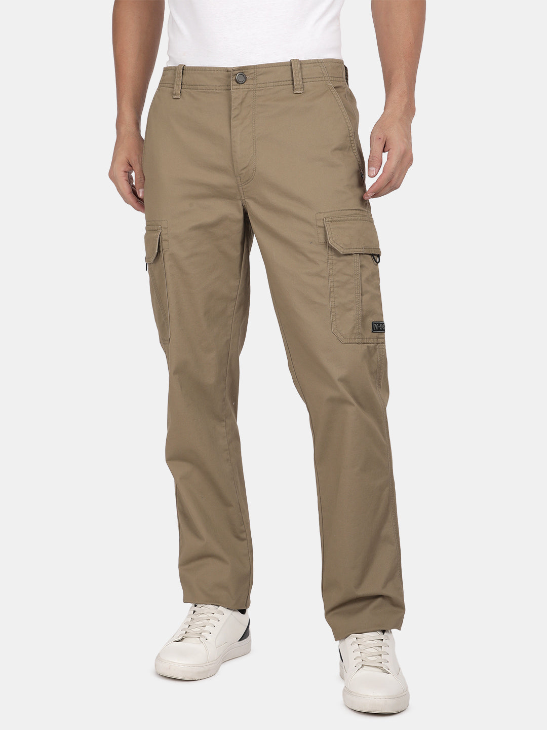 T-Base Men’s Khaki Cargo Trouser | Mid-Rise Casual Utility Pants with 6 Pockets