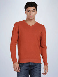 V Neck Burnt Orange Melange Full Sleeve Pullover