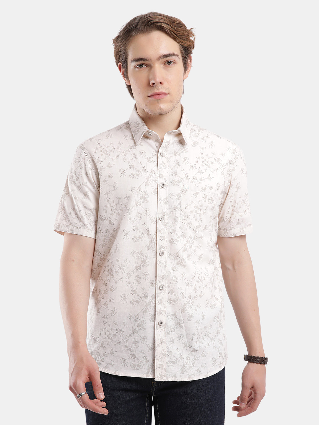 T-Base Men Regular Fit Cotton Casual Shirt | Short Sleeve|Light Natural