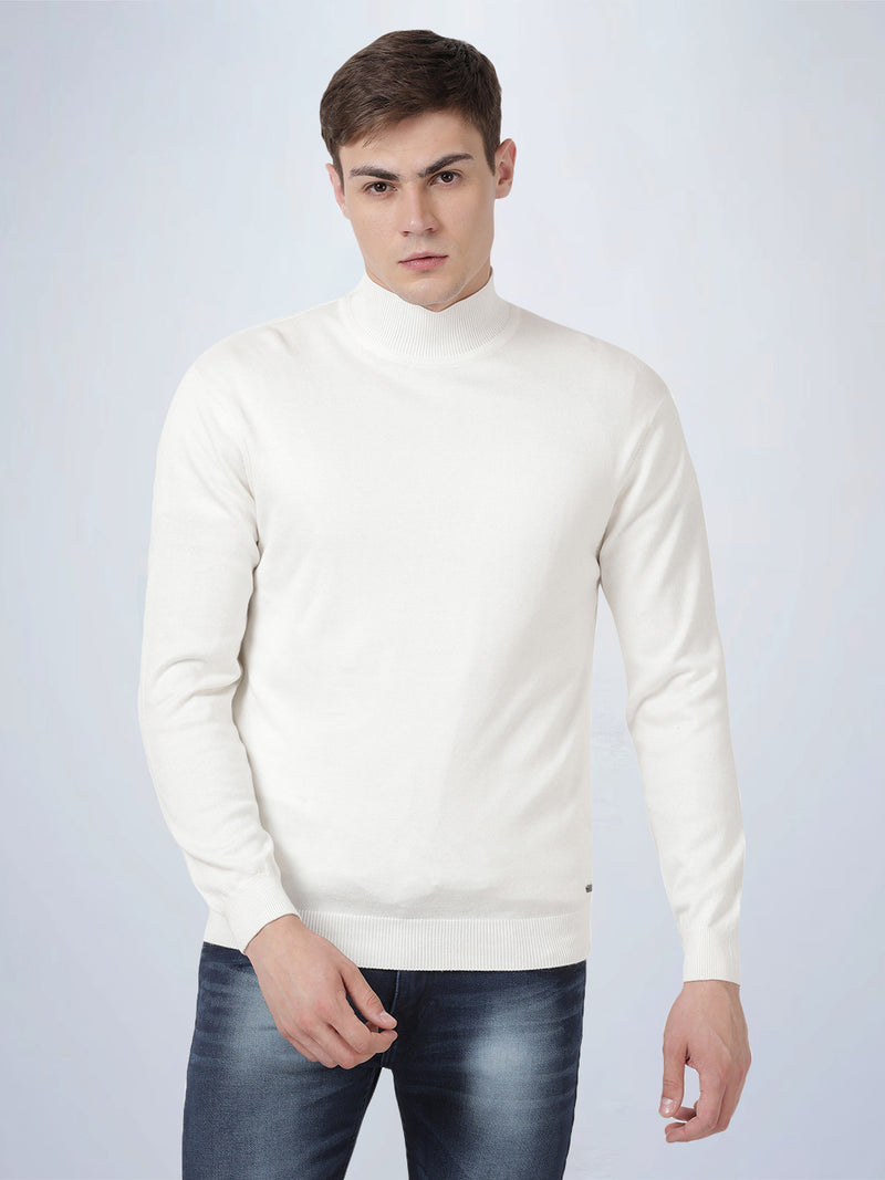 High Neck Off White Full Sleeve Pullover