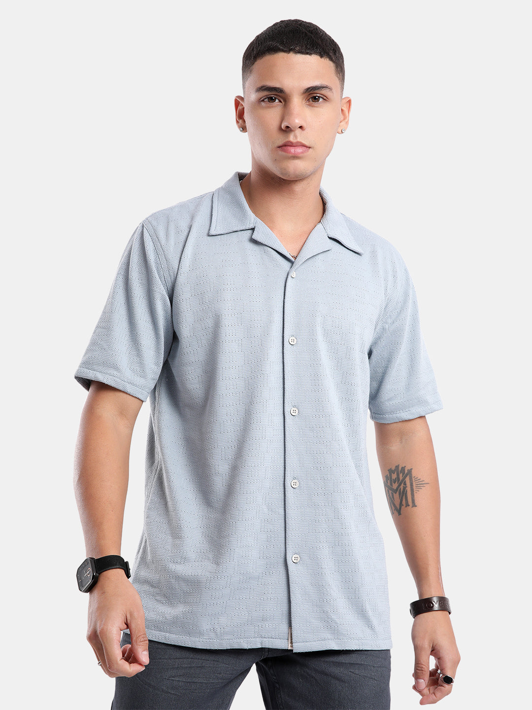T-Base Men Regular Fit Cotton Casual Shirt | Short Sleeve|Blue Stone