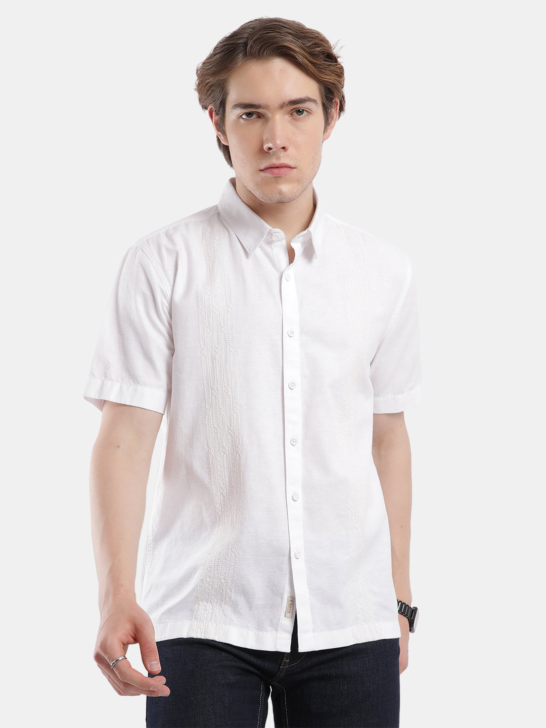 T-Base Men Regular Fit Cotton Casual Shirt | Short Sleeve|White