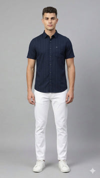 T-Base Men Regular Fit Cotton Casual Shirt | Short Sleeve|Blue Night