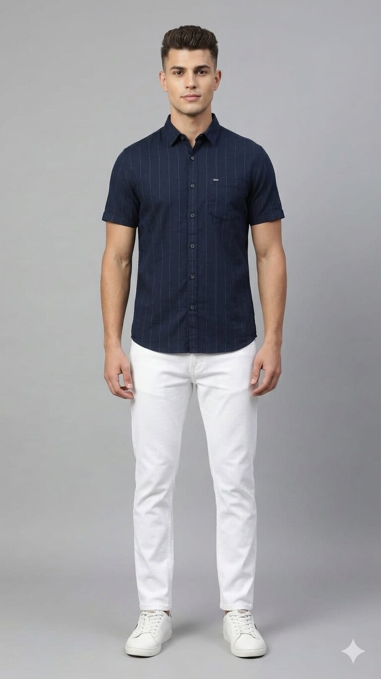 T-Base Men Regular Fit Cotton Casual Shirt | Short Sleeve|Blue Night