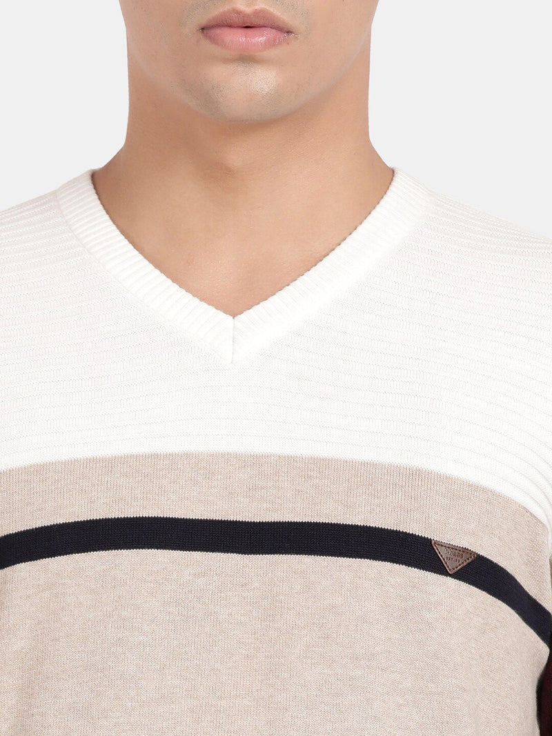 T-Base Men V-Neck Colourblocked Cotton Pullover