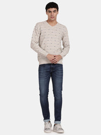 T-Base Geometric Printed V-Neck Woollen Pullover Sweater