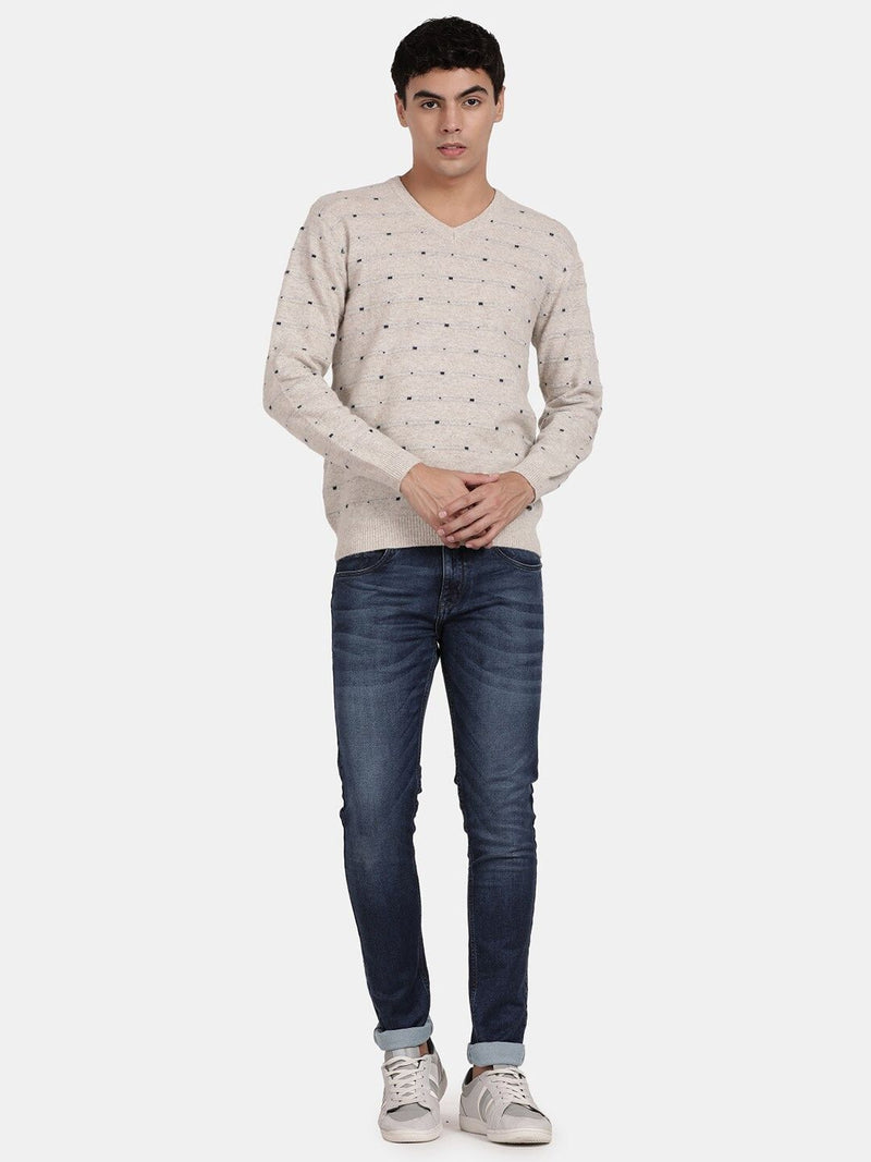 T-Base Geometric Printed V-Neck Woollen Pullover Sweater