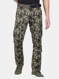 T-Base Men Olive Green Camouflage Printed Easy Wash Cargos Trousers