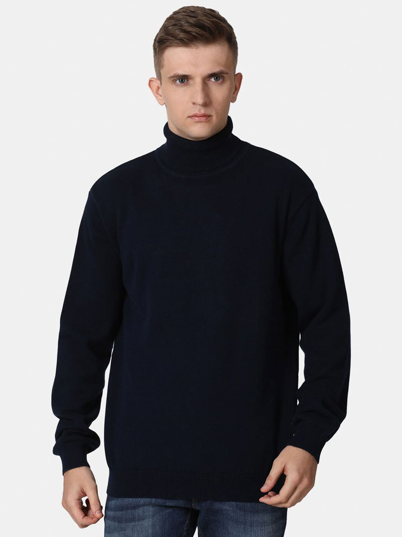 T-Base Men Navy Blue Solid Cotton Pullover