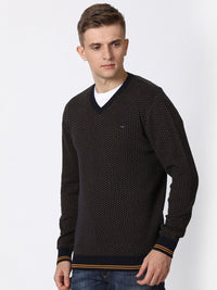 T-Base Men Charcoal & Mustard Quirky Printed Cotton Pullover