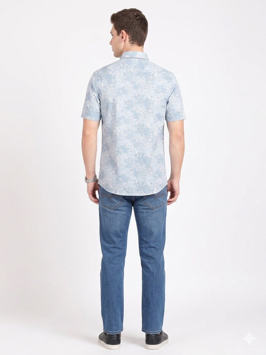T-Base Men Regular Fit Cotton Casual Shirt | Short Sleeve|SLIGHT DENIM
