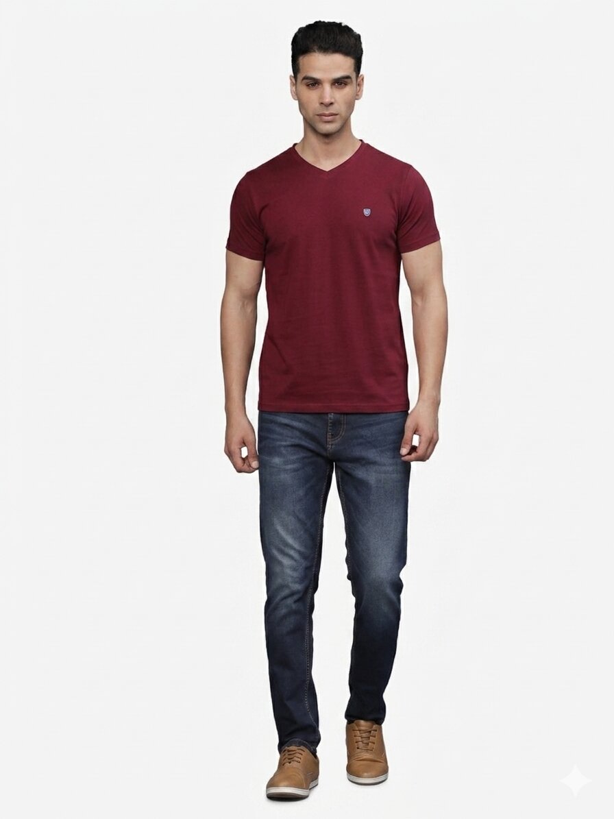 TBASE Men's Cotton Solid V-Neck T-Shirt | Short Sleeves | Regular Fit | Casual Everyday|Ruby Wine
