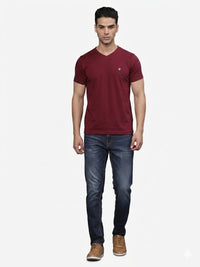 TBASE Men's Cotton Solid V-Neck T-Shirt | Short Sleeves | Regular Fit | Casual Everyday|Ruby Wine