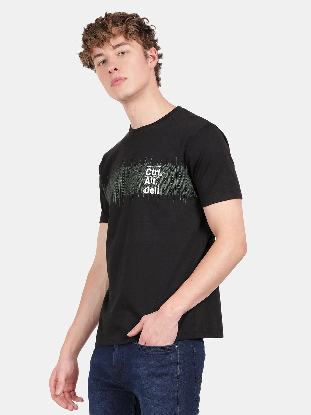 T-base Men's Printed Crew Neck T-Shirt | Regular Fit | Jet Black