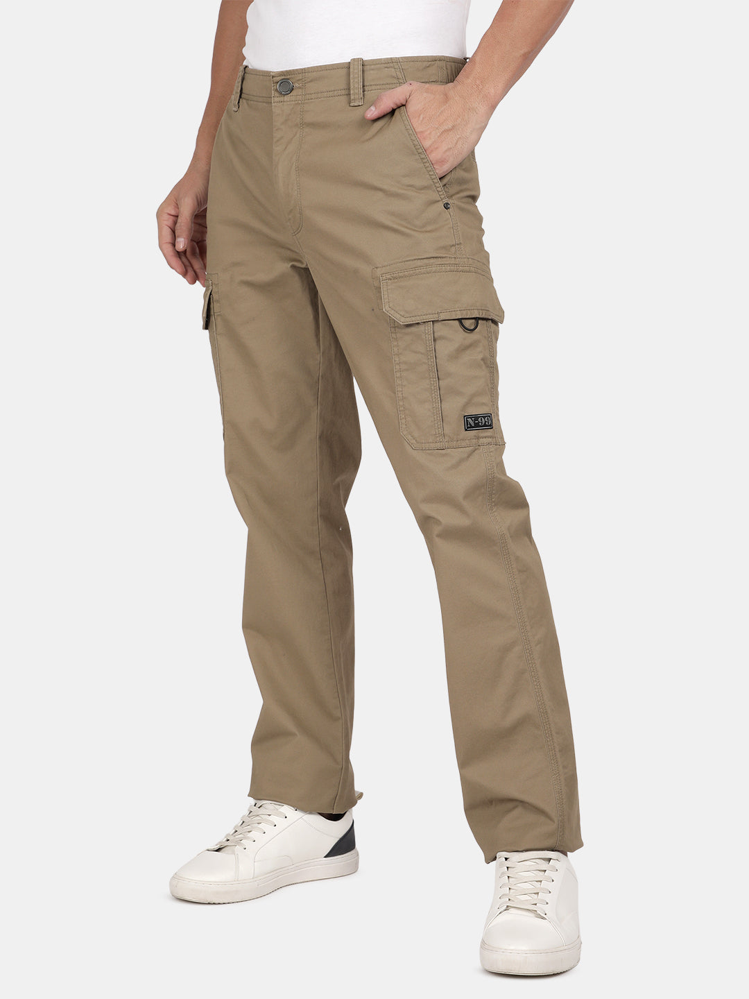 T-Base Men’s Khaki Cargo Trouser | Mid-Rise Casual Utility Pants with 6 Pockets