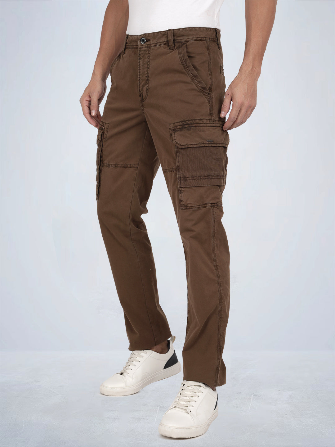 Tbase Men's Solid Original Fit Cargo Trousers | Lycra Fabric|Bark
