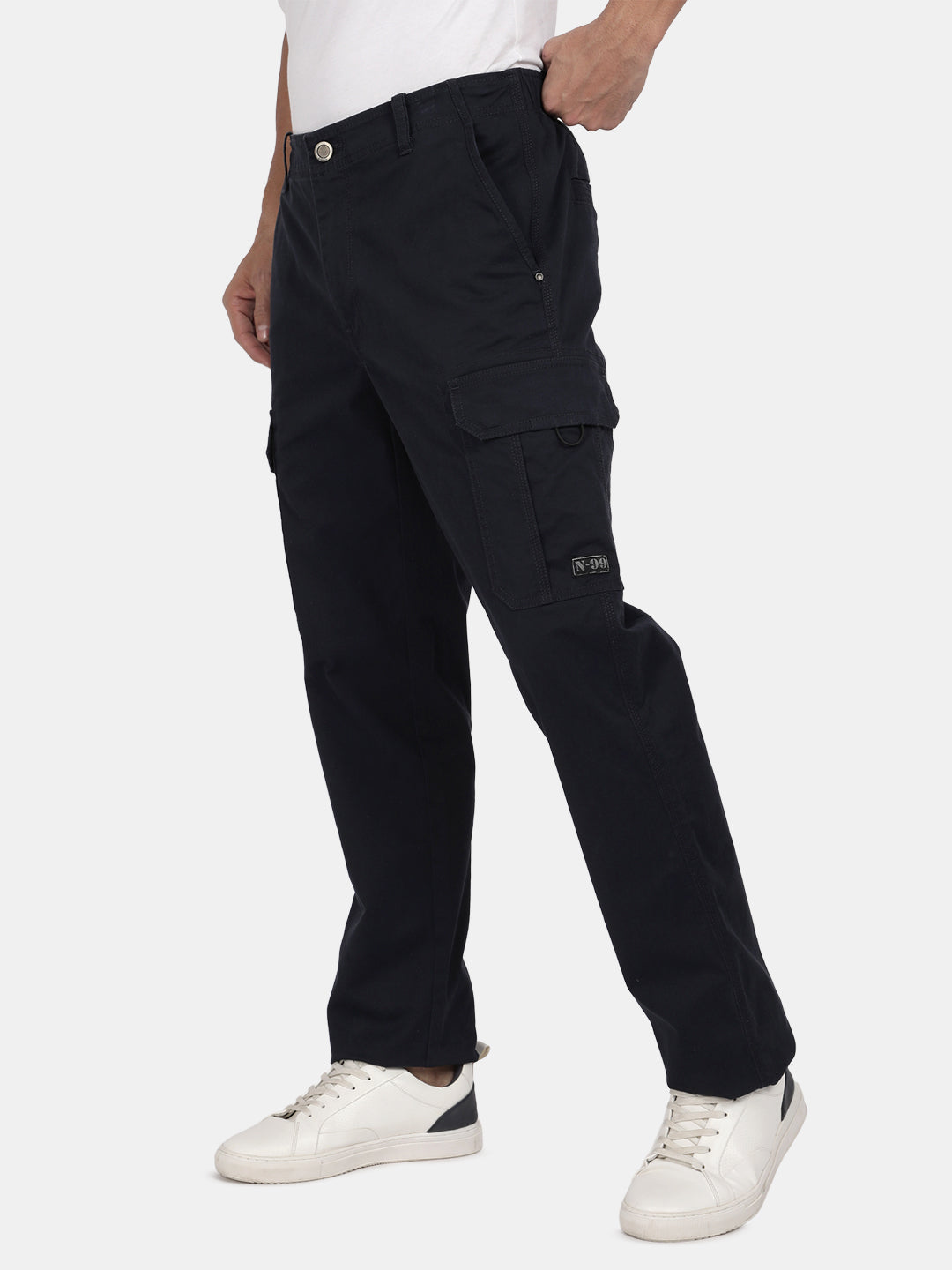 T-Base Men’s Navy Cargo Trouser | Mid-Rise Casual Utility Pants with 6 Pockets