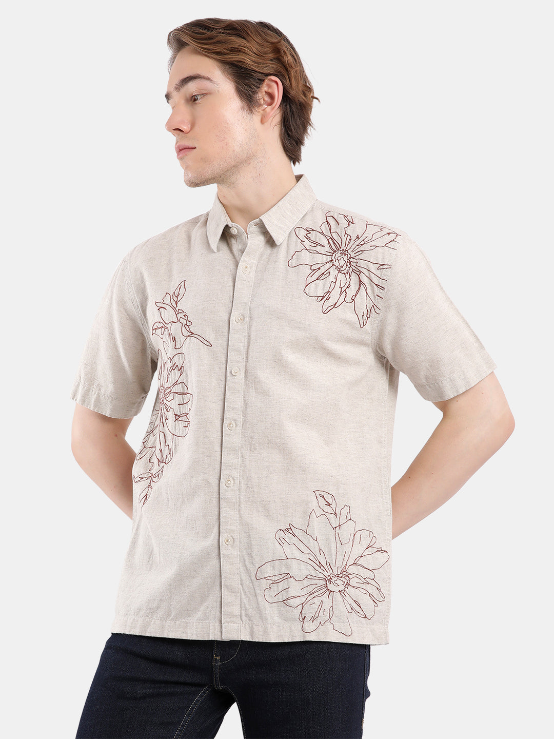 T-Base Men Regular Fit Cotton Casual Shirt | Short Sleeve|Natural