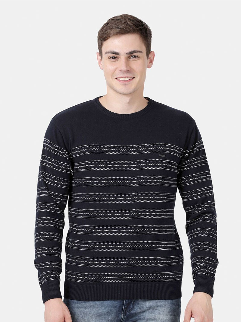 T-Base Men Navy Blue & White Striped Pullover