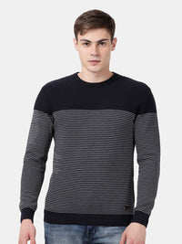 T-Base Men Navy Blue & White Striped Pullover