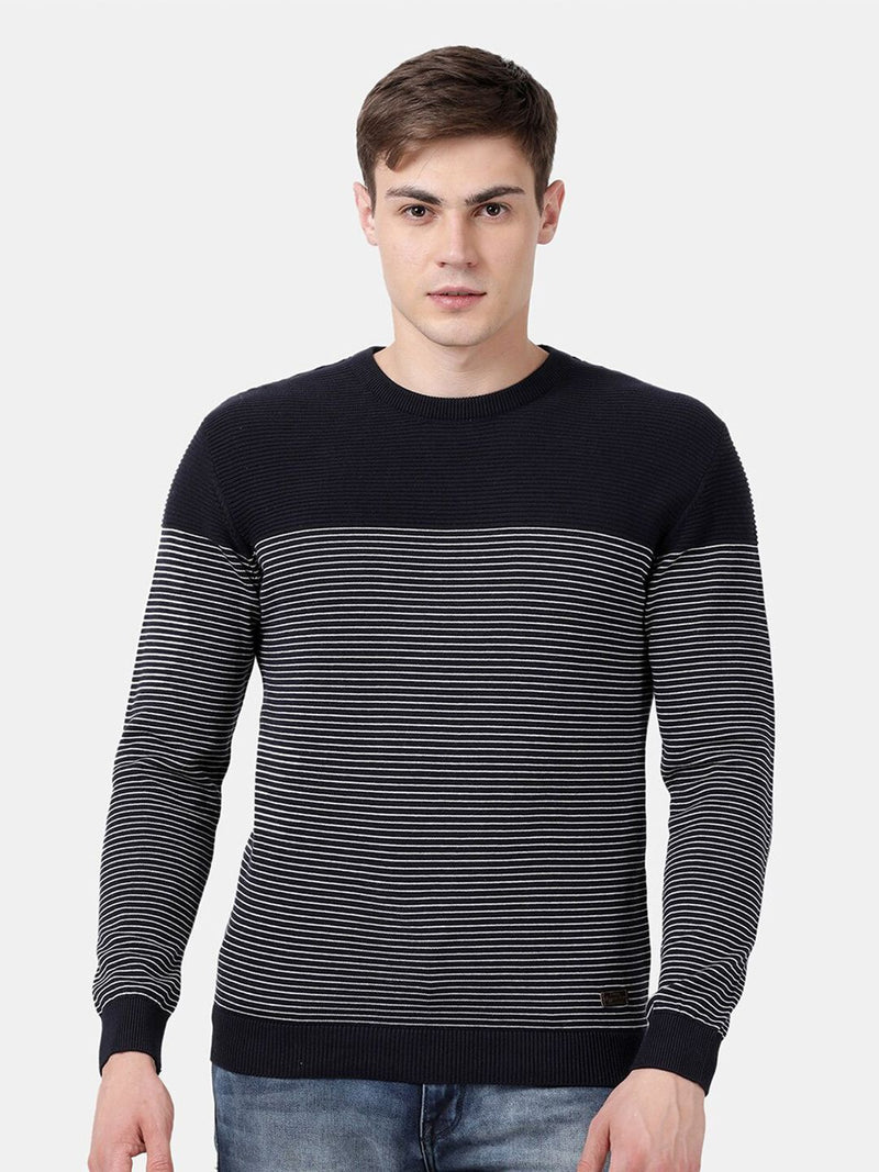 T-Base Men Navy Blue & White Striped Pullover