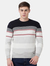 T-Base Men Navy Blue & Grey Striper Cotton Crewneck Sweater