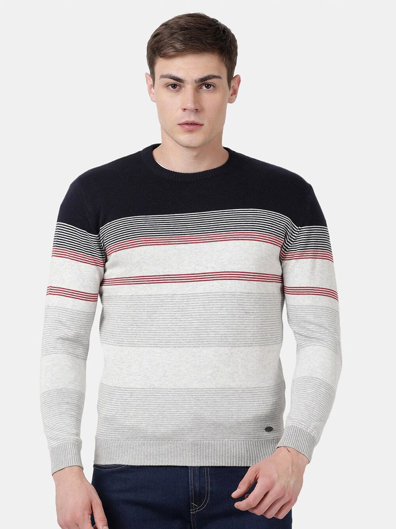 T-Base Men Navy Blue & Grey Striper Cotton Crewneck Sweater