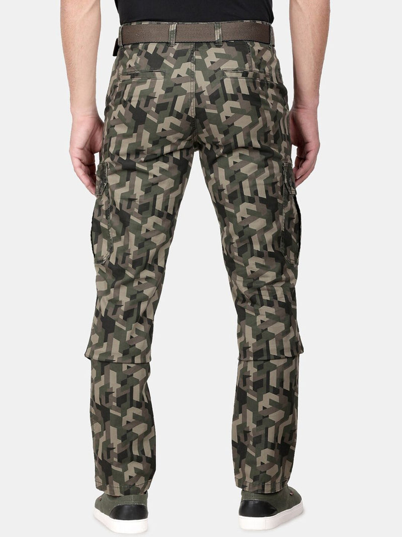 T-Base Men Olive Green Camouflage Printed Easy Wash Cargos Trousers