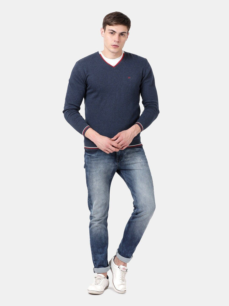 T-Base Men'S V-Neck Blue Sweater