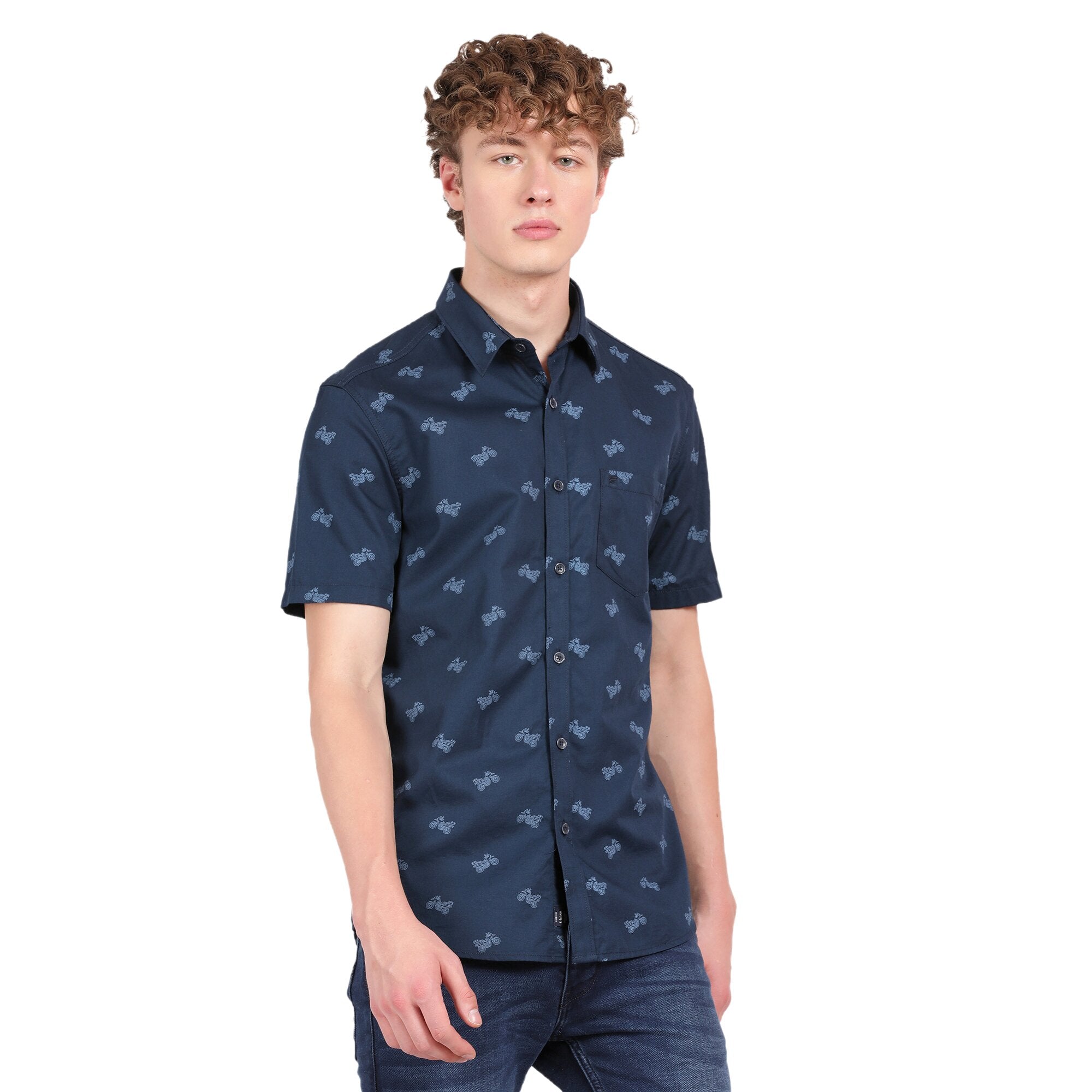 T-Base Men Regular Fit Cotton Casual Shirt | Short Sleeve|Navy Bike