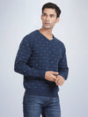V Neck Jacquard Lambswool Deep Indigo Full Sleeve Pullover