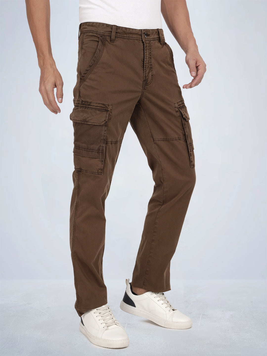 Tbase Men's Solid Original Fit Cargo Trousers | Lycra Fabric|Bark