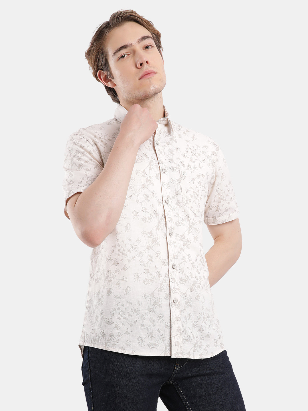T-Base Men Regular Fit Cotton Casual Shirt | Short Sleeve|Light Natural