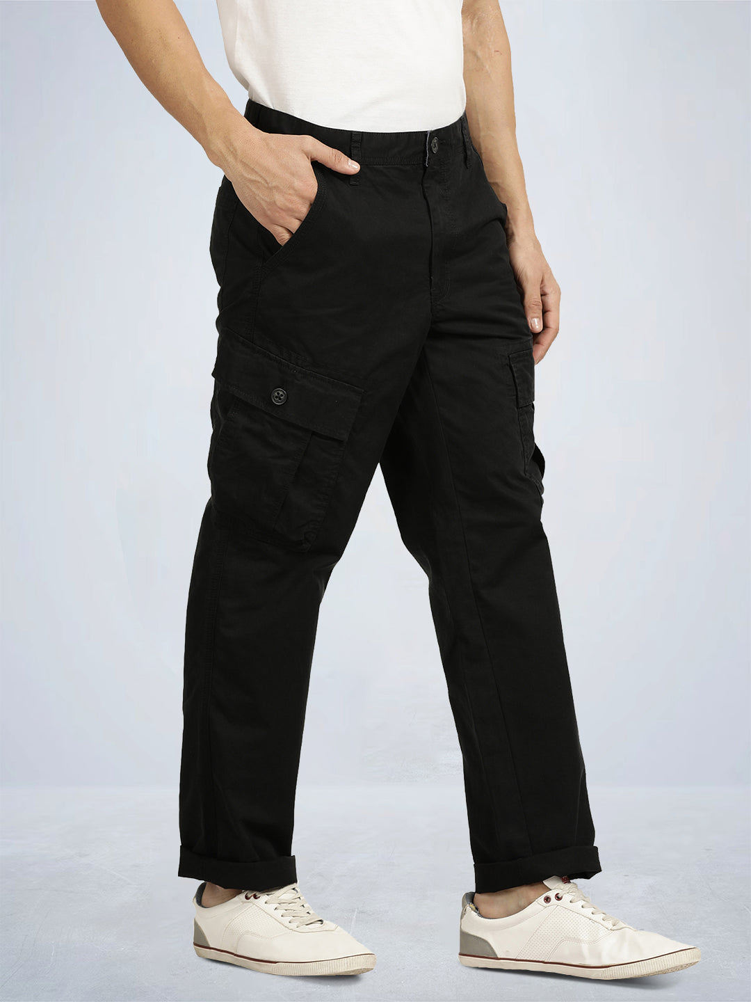 Black Solid Cargo Pants - Main Image