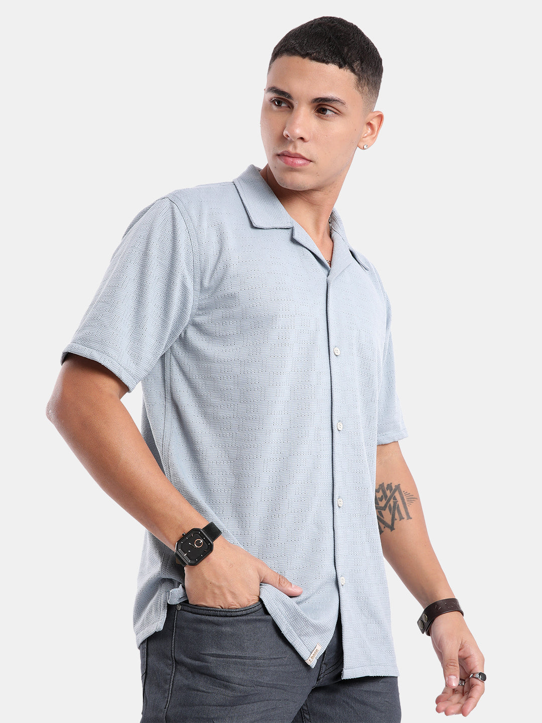 T-Base Men Regular Fit Cotton Casual Shirt | Short Sleeve|Blue Stone