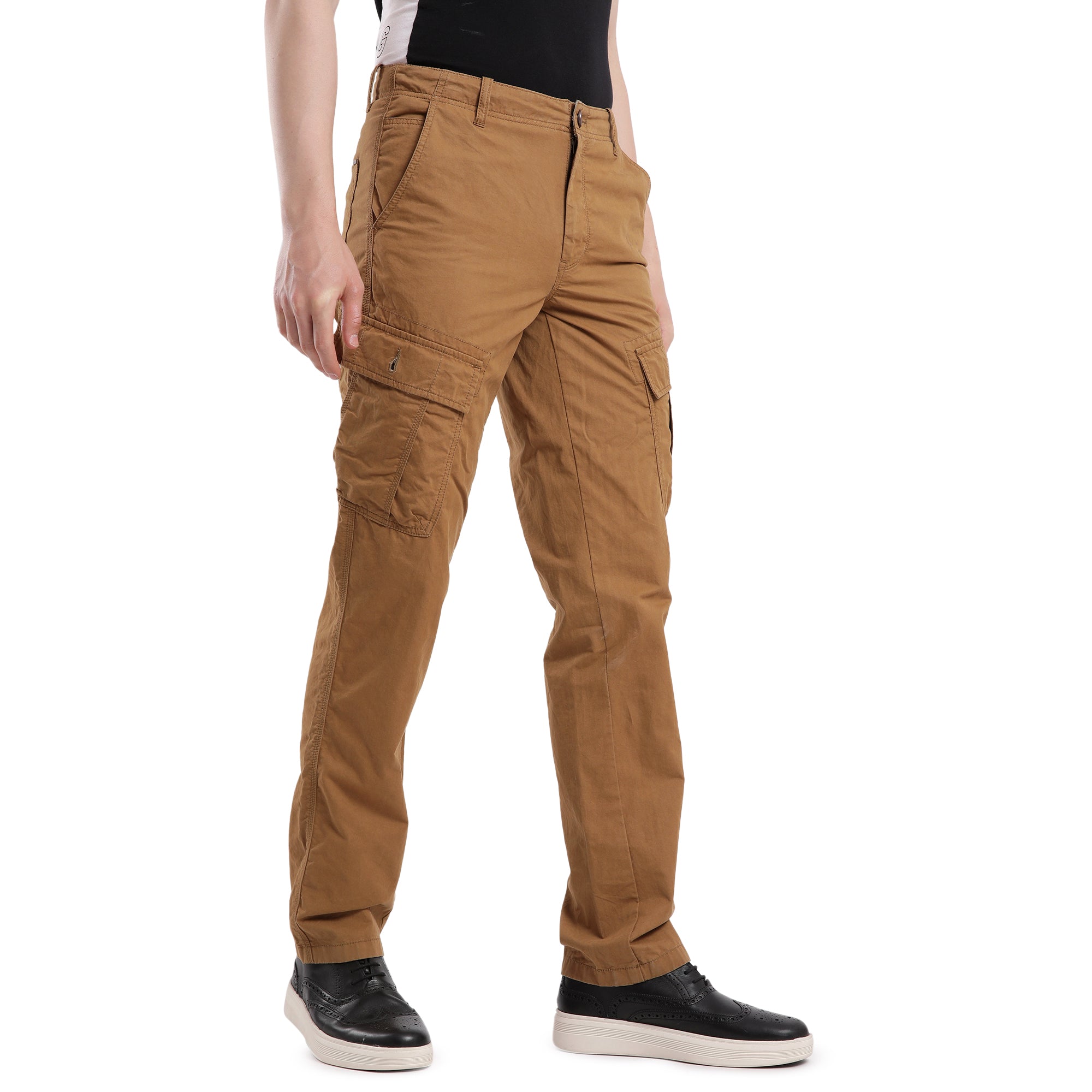 T-Base Men’s Whisky Cargo Trouser | Mid-Rise Casual Utility Pants with 6 Pockets