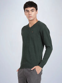 V Neck Dark Pine Melange Full Sleeve Pullover