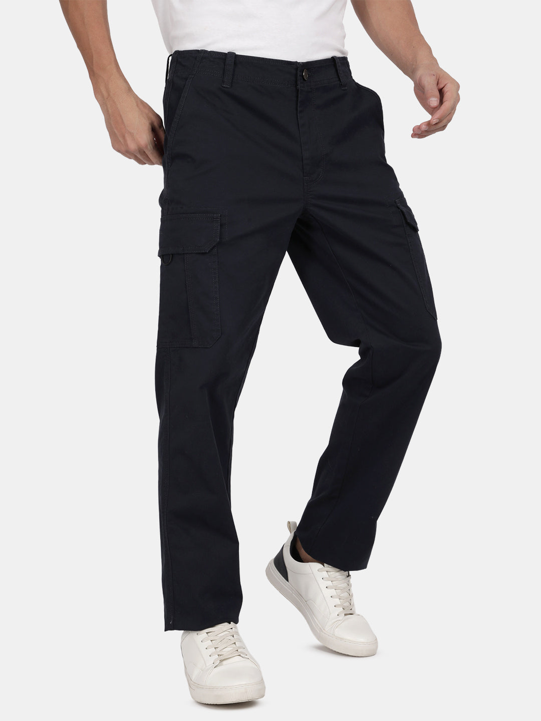 T-Base Men’s Navy Cargo Trouser | Mid-Rise Casual Utility Pants with 6 Pockets