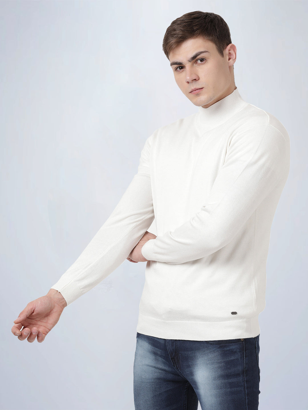 High Neck Off White Full Sleeve Pullover