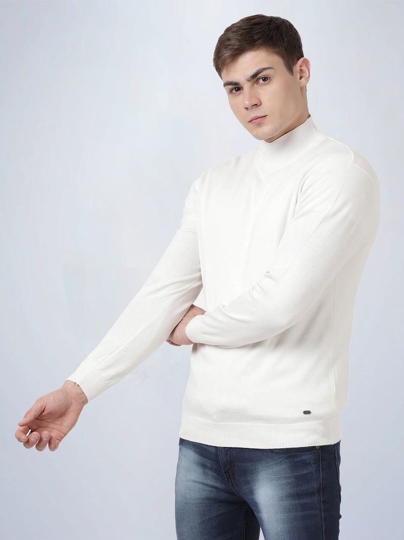 High Neck Off White Full Sleeve Pullover