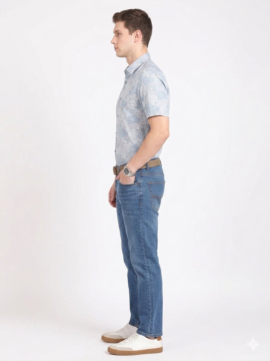 T-Base Men Regular Fit Cotton Casual Shirt | Short Sleeve|SLIGHT DENIM
