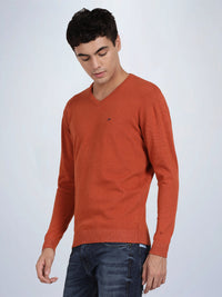 V Neck Burnt Orange Melange Full Sleeve Pullover
