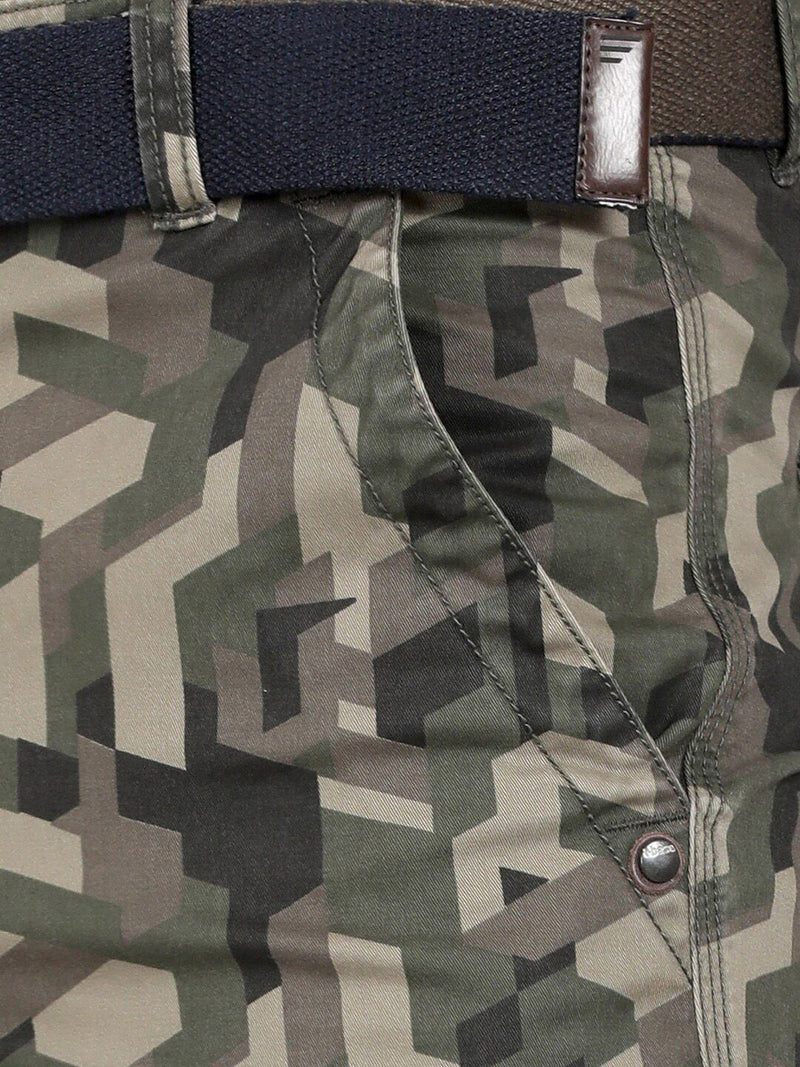 T-Base Men Olive Green Camouflage Printed Easy Wash Cargos Trousers