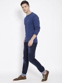 T-Base Men Blue Solid Round-Neck Pullover Sweater