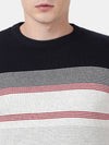 T-Base Men Navy Blue & Grey Striper Cotton Crewneck Sweater