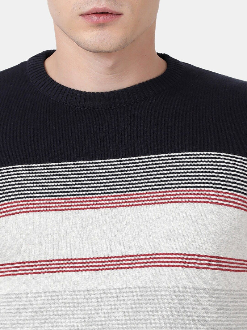 T-Base Men Navy Blue & Grey Striper Cotton Crewneck Sweater